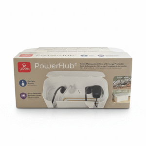 globe powerhub cable management box with surge protector – 5 outlets, 900 joules (white & black)