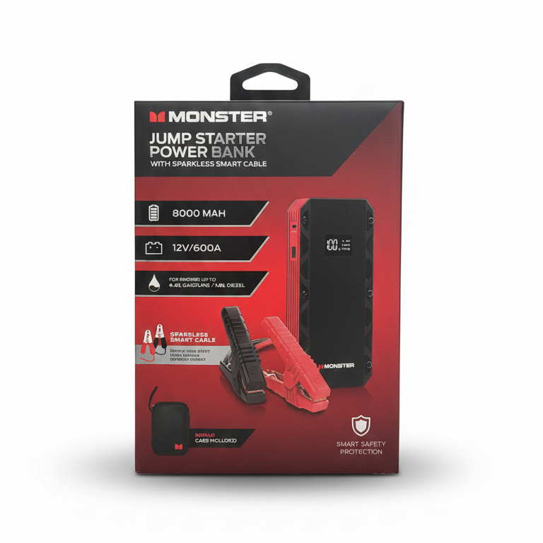 monster 8000mah jump starter power bank – 12v/600a, sparkless smart cable